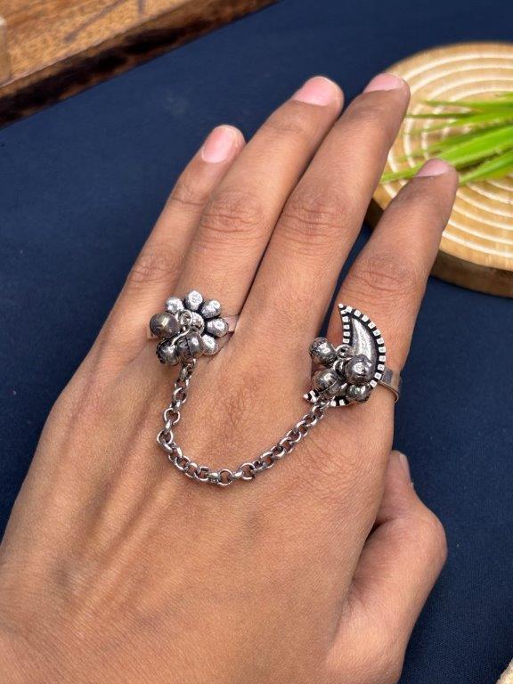 Pushkara Two-Finger Chain-Linked Oxidised Silver-Look Ring