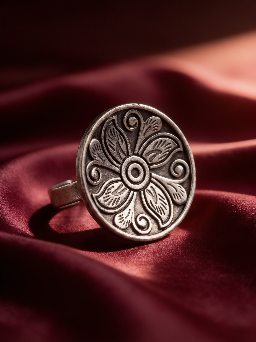 Ranchi Engraved Floral Disc Oxidised Silver-Look Ring