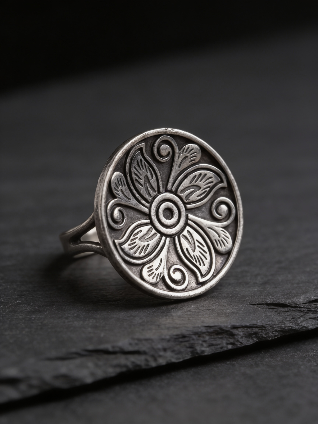 Ranchi Engraved Floral Disc Oxidised Silver-Look Ring