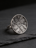 Ranchi Engraved Floral Disc Oxidised Silver-Look Ring