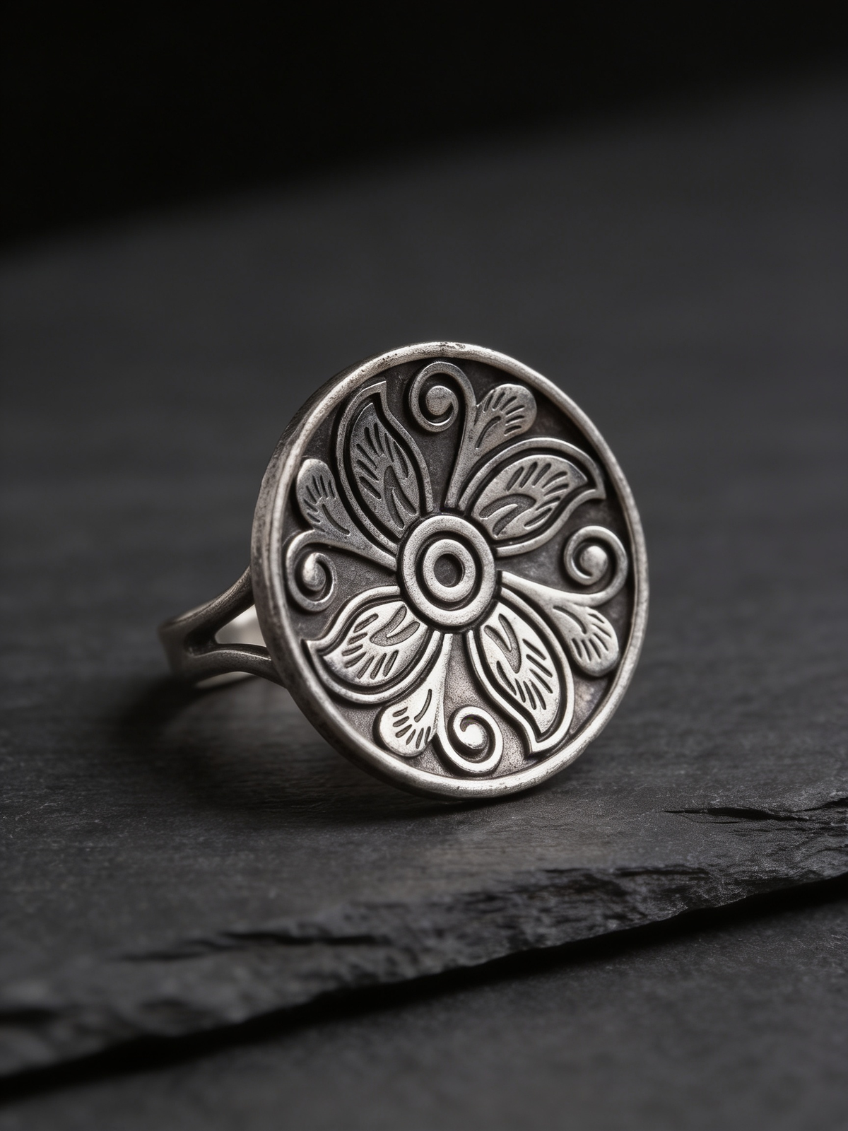 Ranchi Engraved Floral Disc Oxidised Silver-Look Ring
