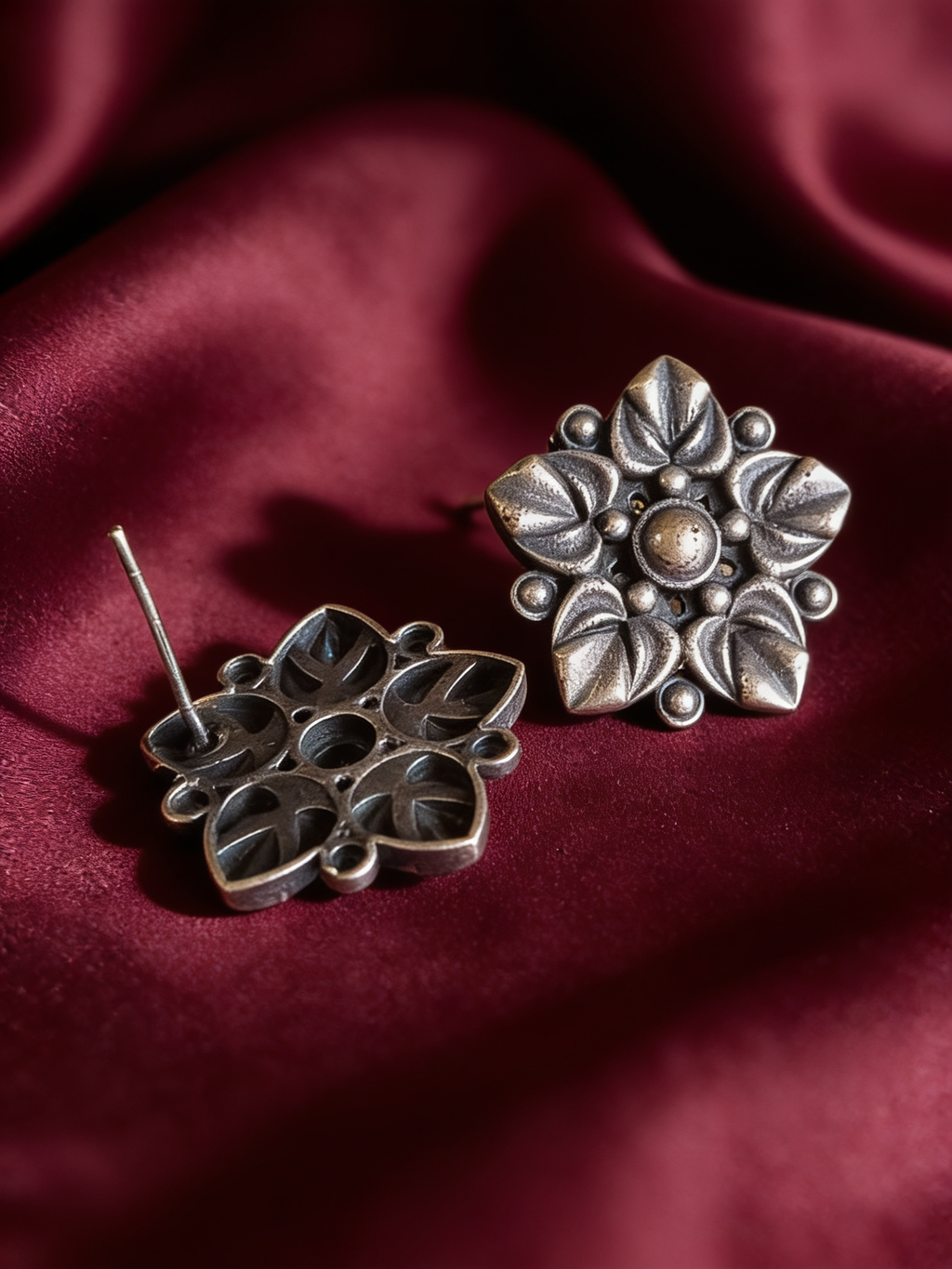 Reena Layered Floral Oxidised Silver-Look Stud Earrings