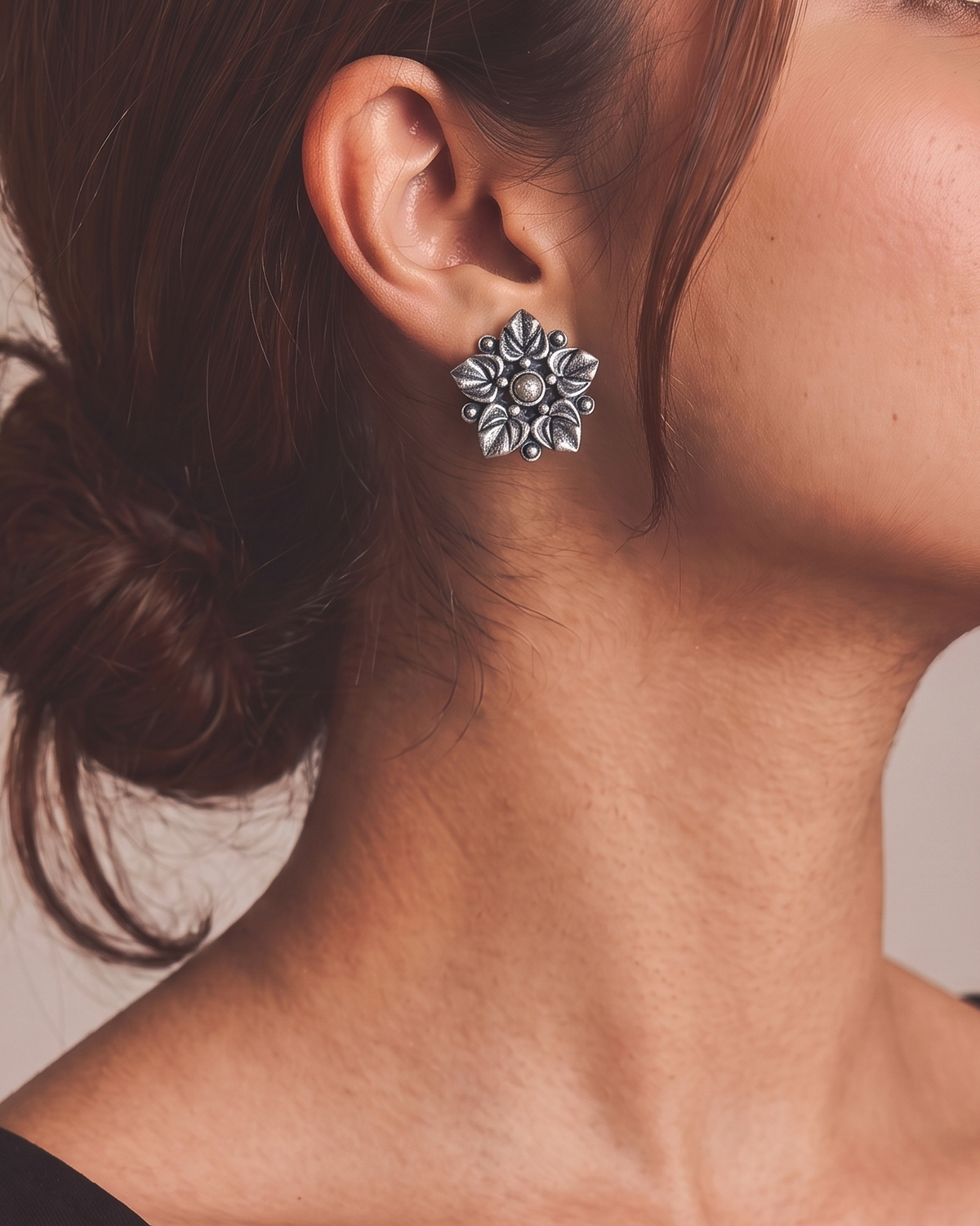 Reena Layered Floral Oxidised Silver-Look Stud Earrings