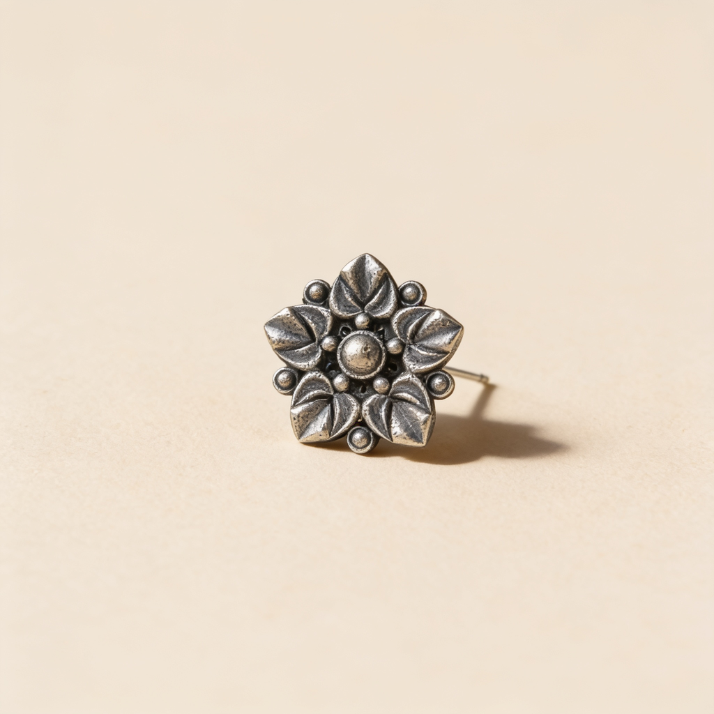 Reena Layered Floral Oxidised Silver-Look Stud Earrings
