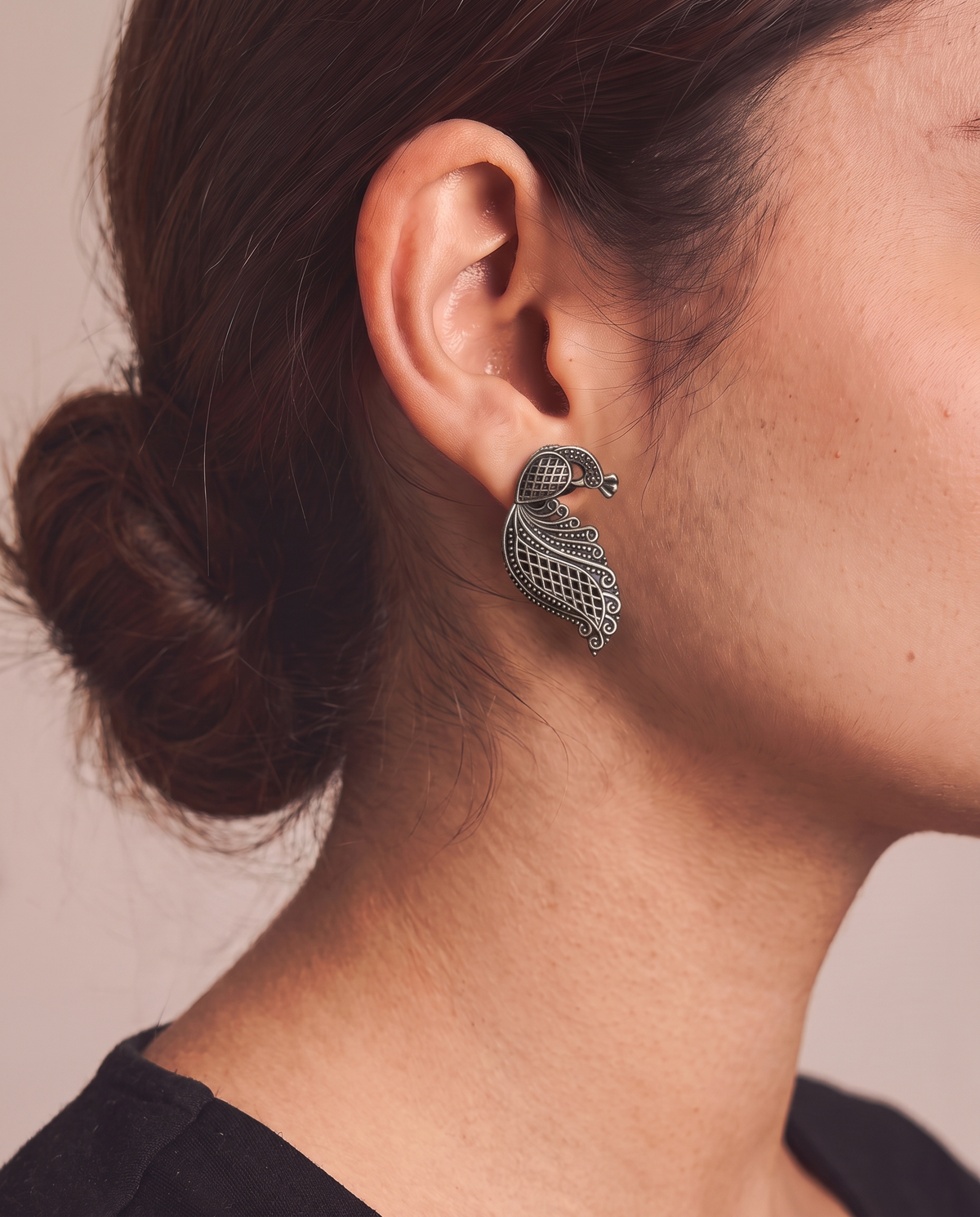Rehanshi Filigree Peacock Oxidised Silver-Look Earrings