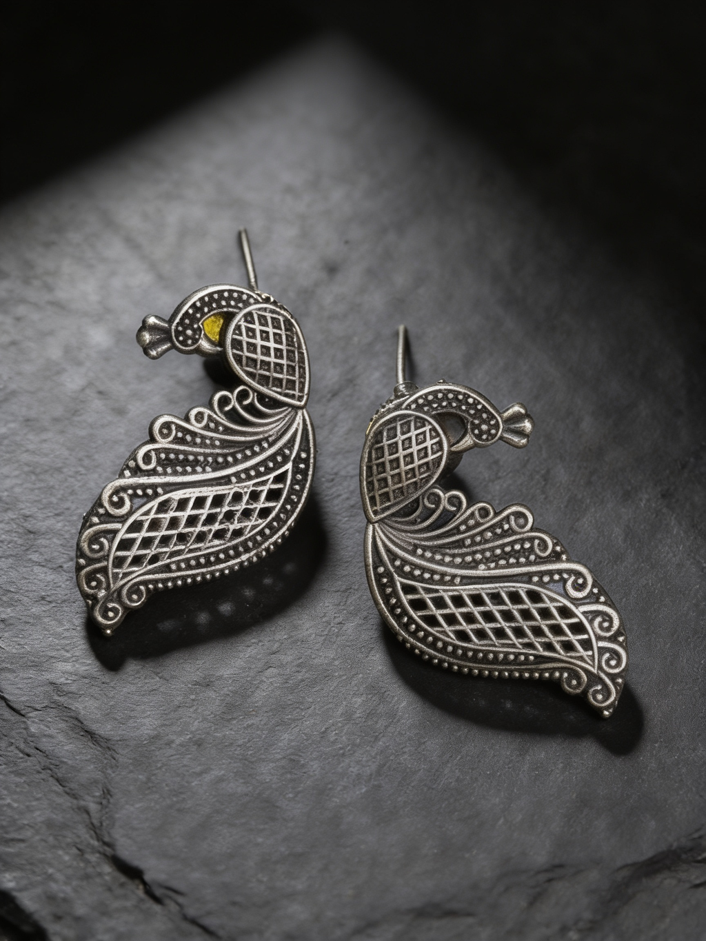 Rehanshi Filigree Peacock Oxidised Silver-Look Earrings