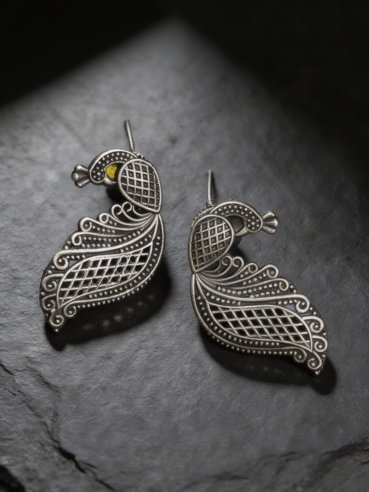 Rehanshi Filigree Peacock Oxidised Silver-Look Earrings