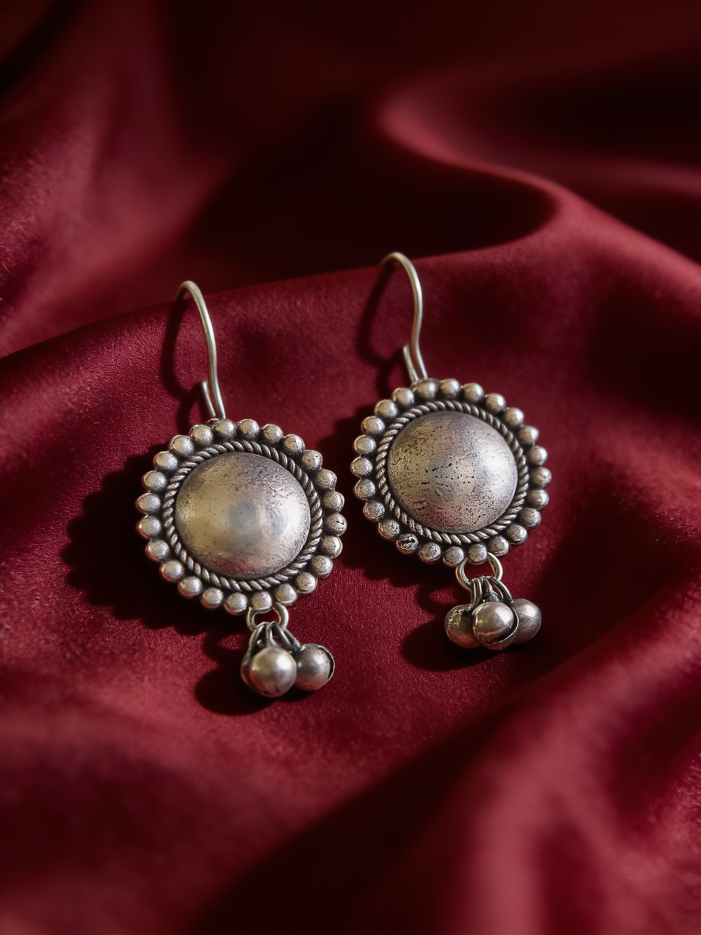 Round Halo Drop Oxidised Silver-Look Earrings with Ghungroo