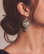 Round Halo Drop Oxidised Silver-Look Earrings with Ghungroo