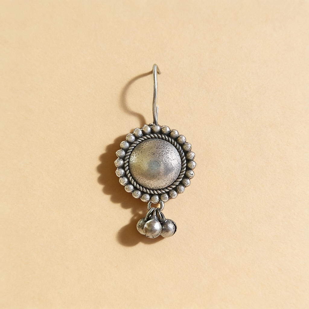 Round Halo Drop Oxidised Silver-Look Earrings with Ghungroo
