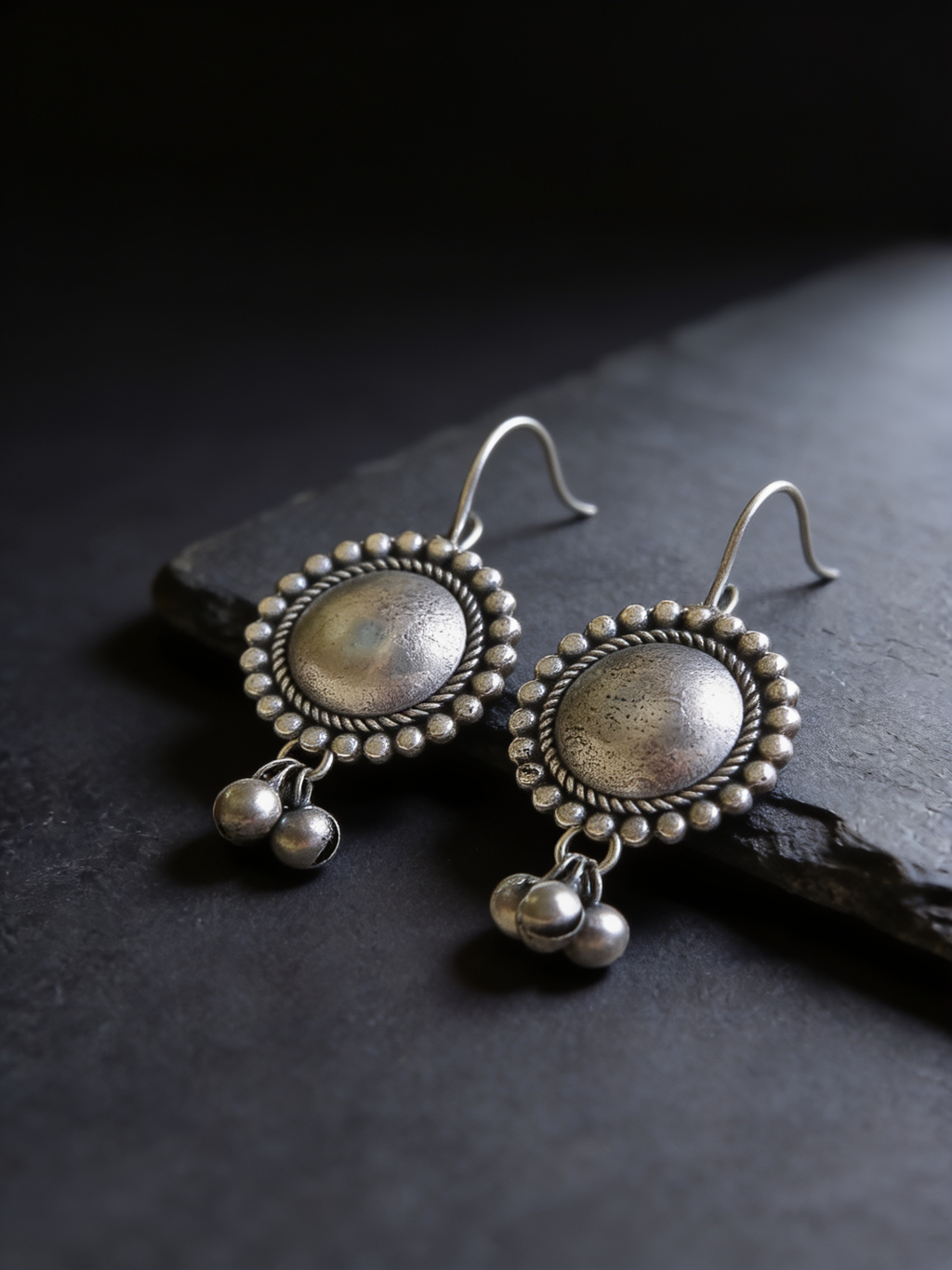 Round Halo Drop Oxidised Silver-Look Earrings with Ghungroo