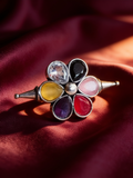 Sunehri Multi-Stone Floral Oxidised Silver-Look Ring