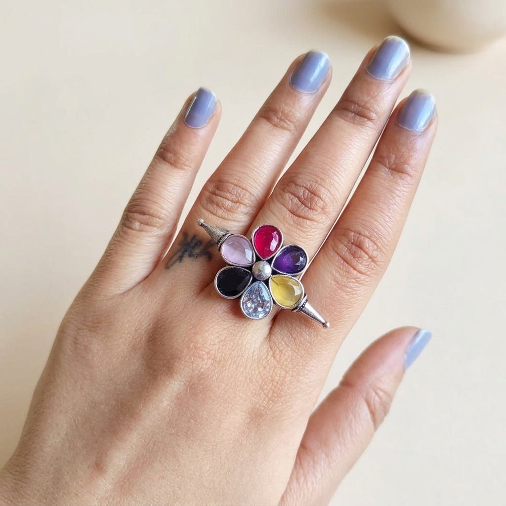 Sunehri Multi-Stone Floral Oxidised Silver-Look Ring