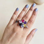 Sunehri Multi-Stone Floral Oxidised Silver-Look Ring
