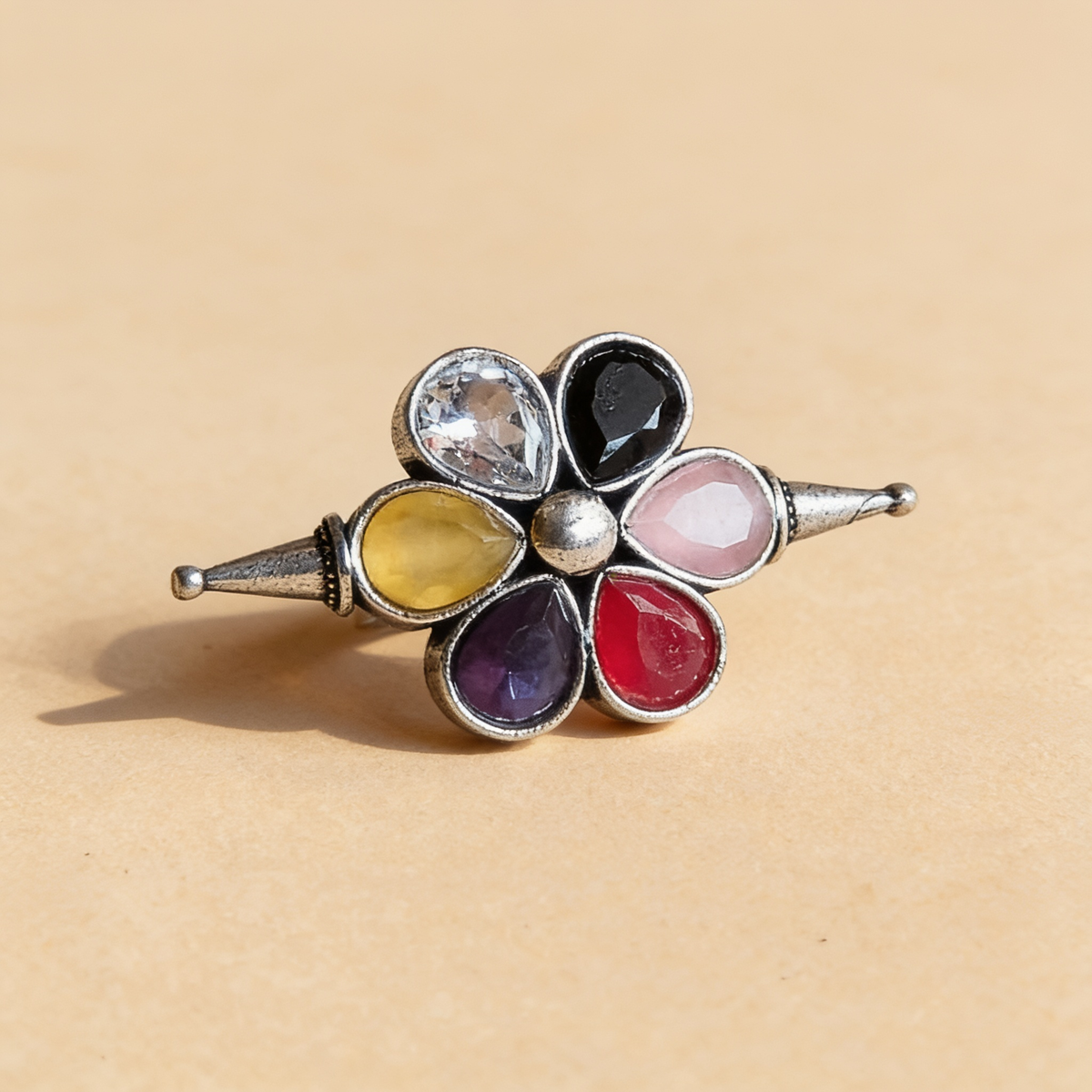 Sunehri Multi-Stone Floral Oxidised Silver-Look Ring