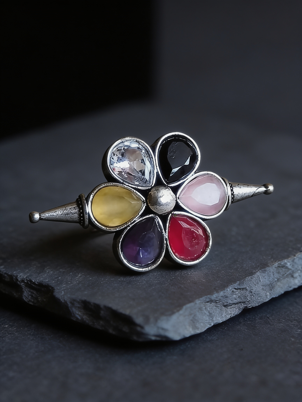 Sunehri Multi-Stone Floral Oxidised Silver-Look Ring