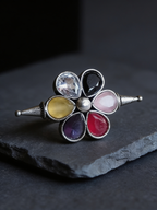 Sunehri Multi-Stone Floral Oxidised Silver-Look Ring