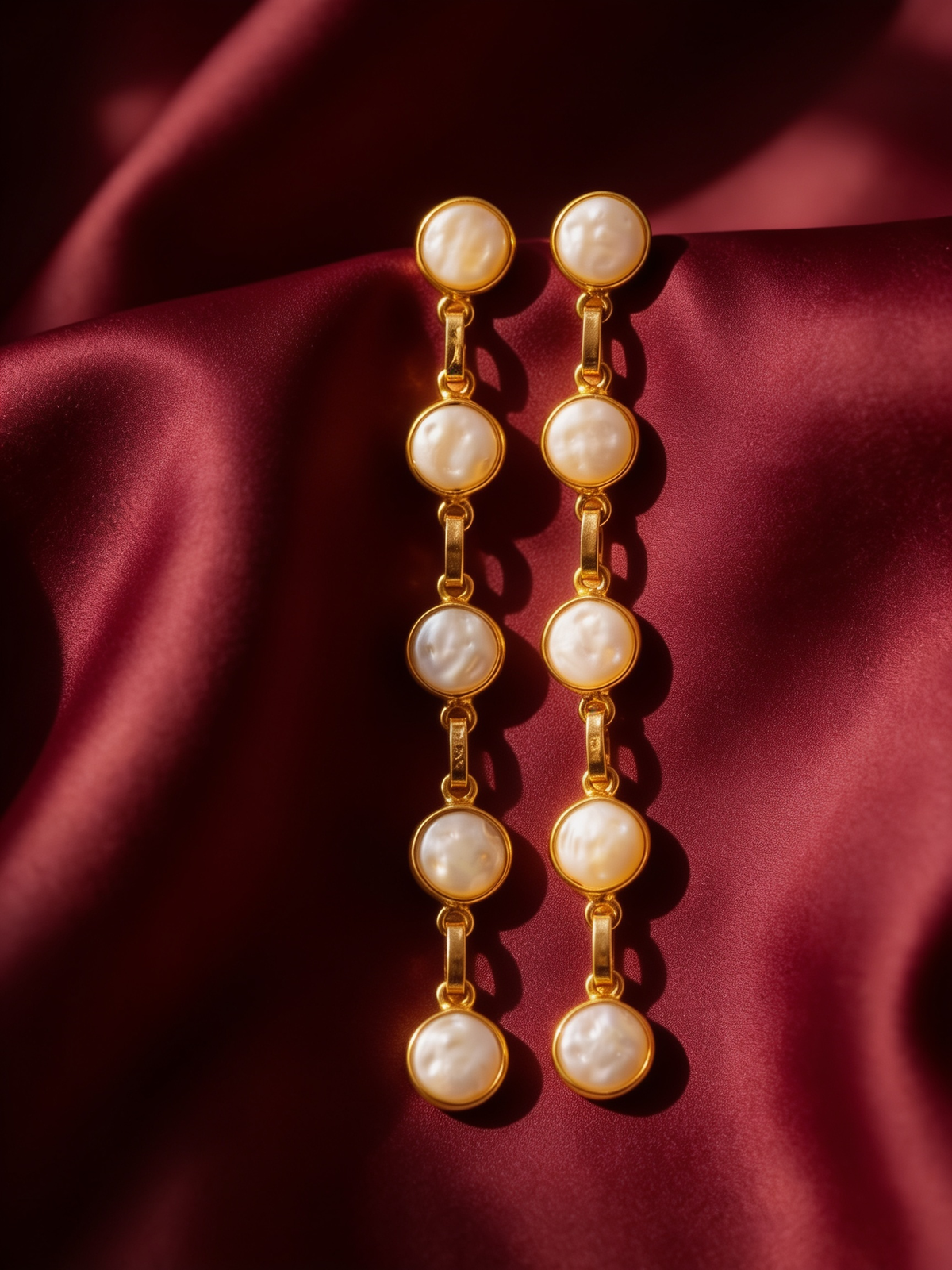 Gold-tone anti-tarnish brass drop earrings each set with five pearls in a row, styled on burgundy silk