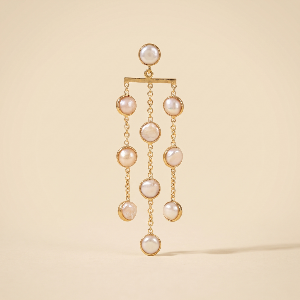 Freshwater pearl waterfall drop earrings on a light background