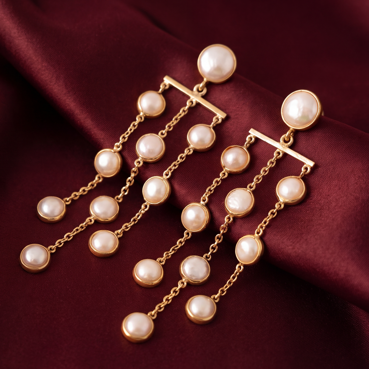 Long gold-tone anti-tarnish brass earrings with cascading strands of freshwater pearls, styled on burgundy silk