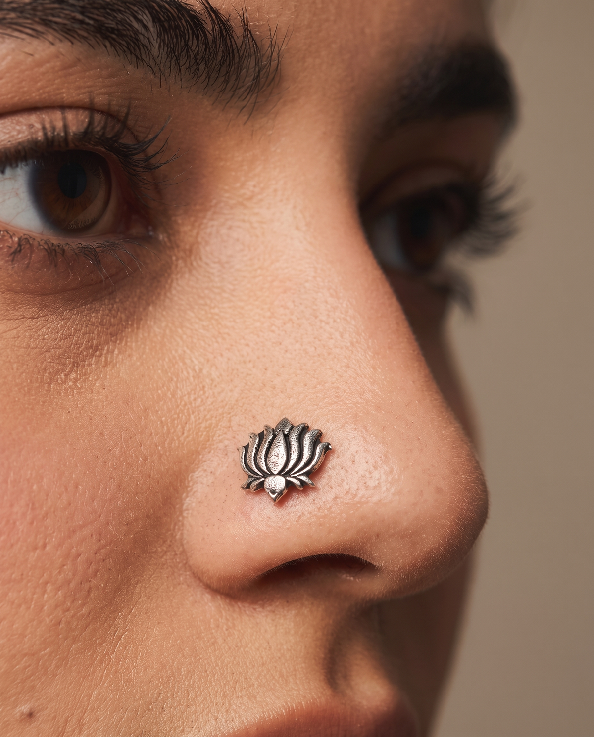 Urban Tevar Kamal lotus nose pin worn on model