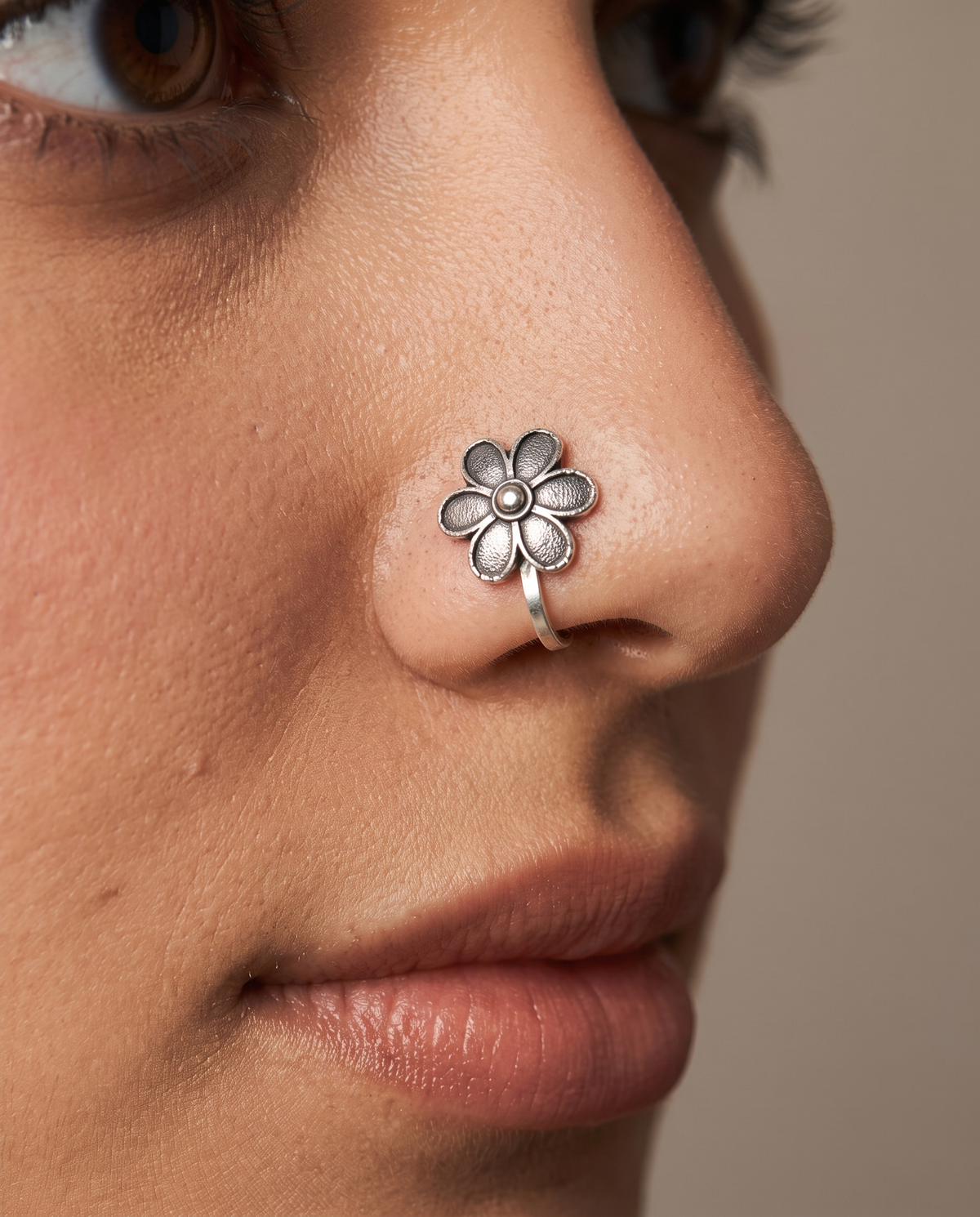 Urban Tevar Lily floral nose pin worn on model