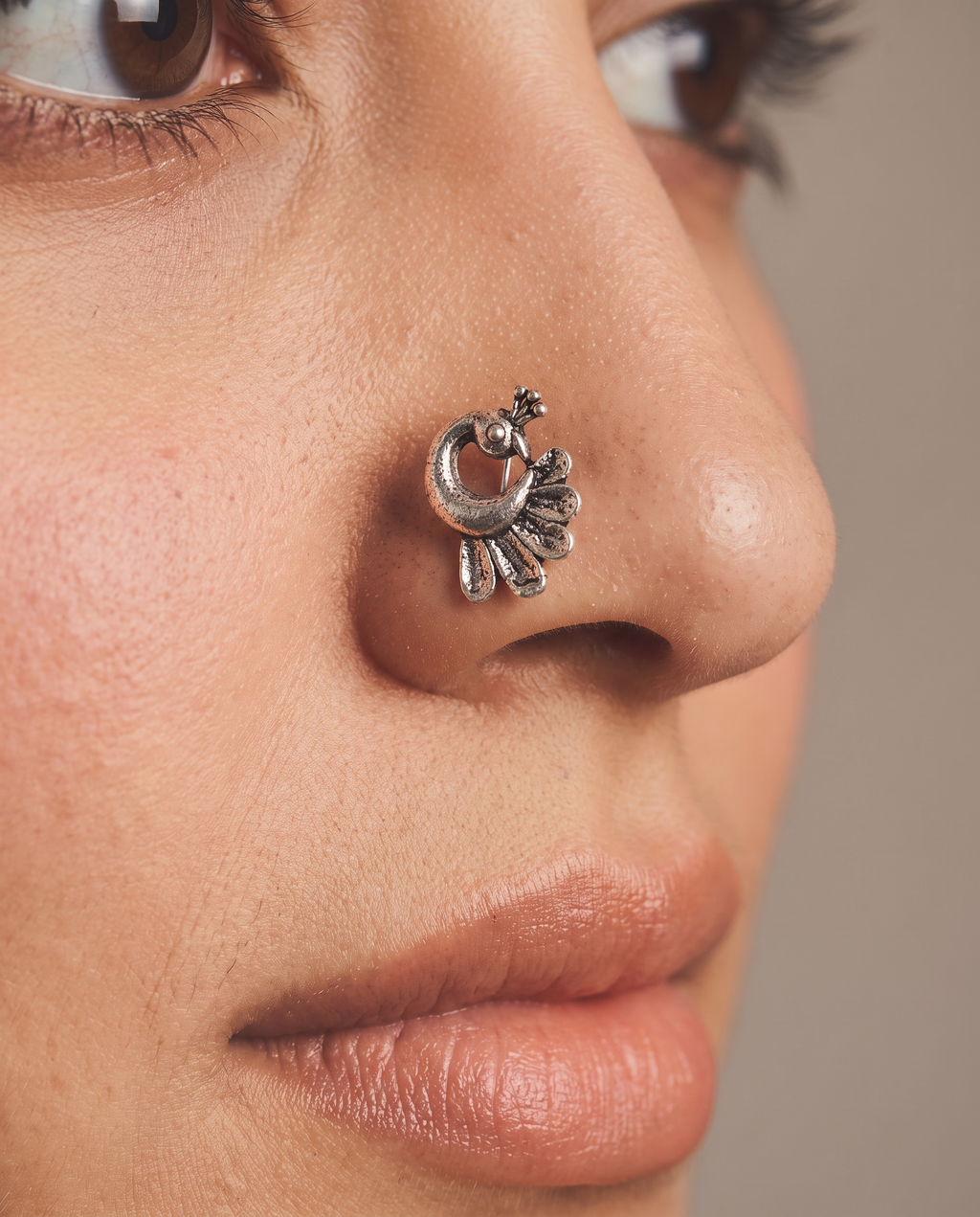 Urban Tevar Morni peacock nose pin worn on model