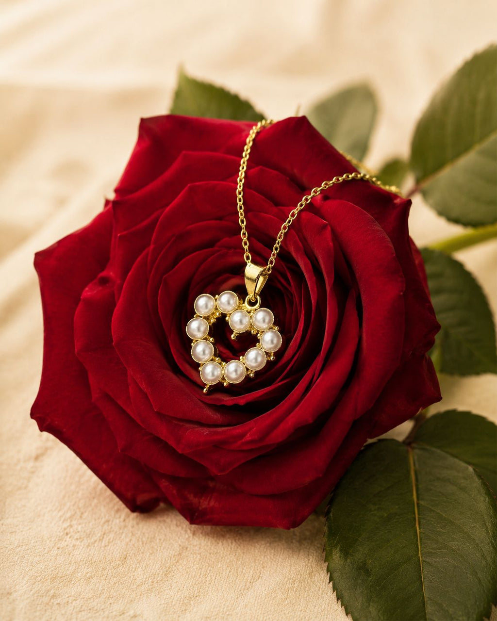 Pearl heart pendant necklace, close detail of the heart