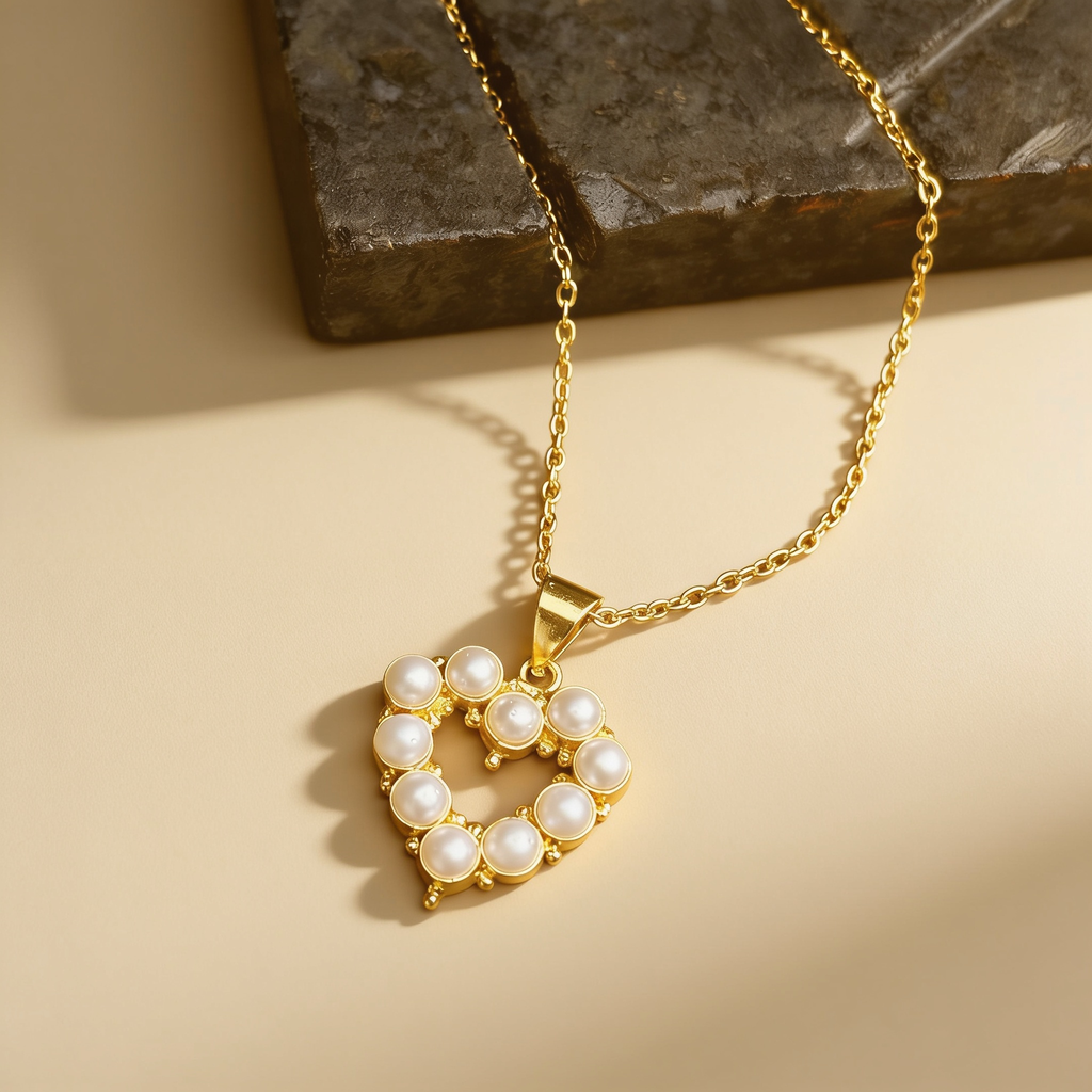 Pearl heart pendant necklace on a light background