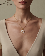 Pearl heart pendant necklace shown on the neckline, second angle