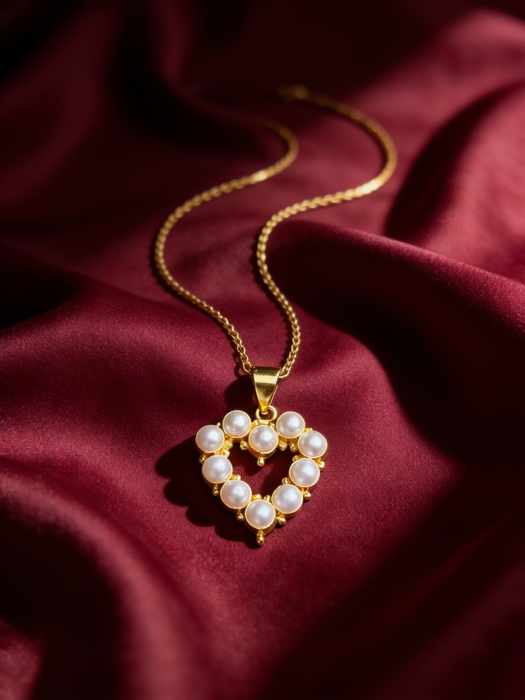 Gold-tone anti-tarnish brass necklace with a small pearl heart pendant, styled on burgundy silk