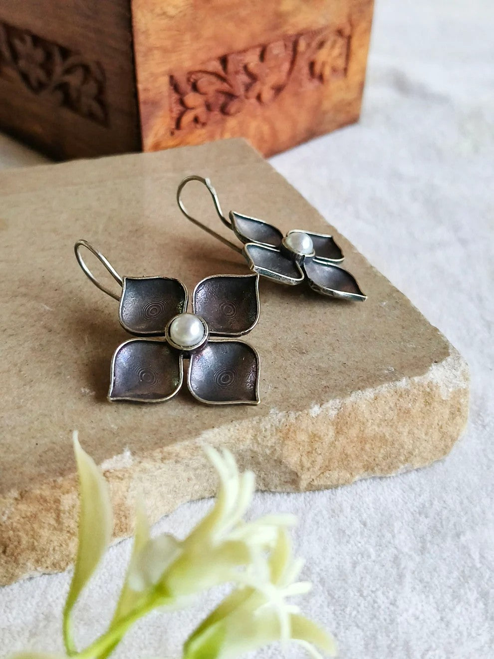 Silver-tone pearl petal drop earrings, product view