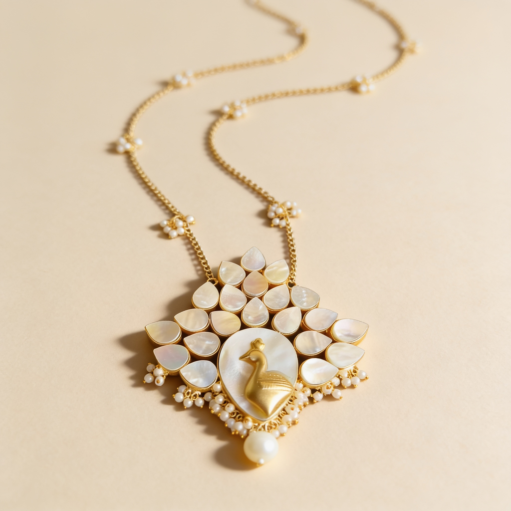 Royal Bloom gold-tone mother-of-pearl necklace on a light background