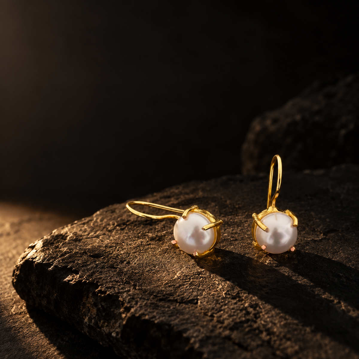 Gold-tone freshwater pearl drop earrings on a dark background
