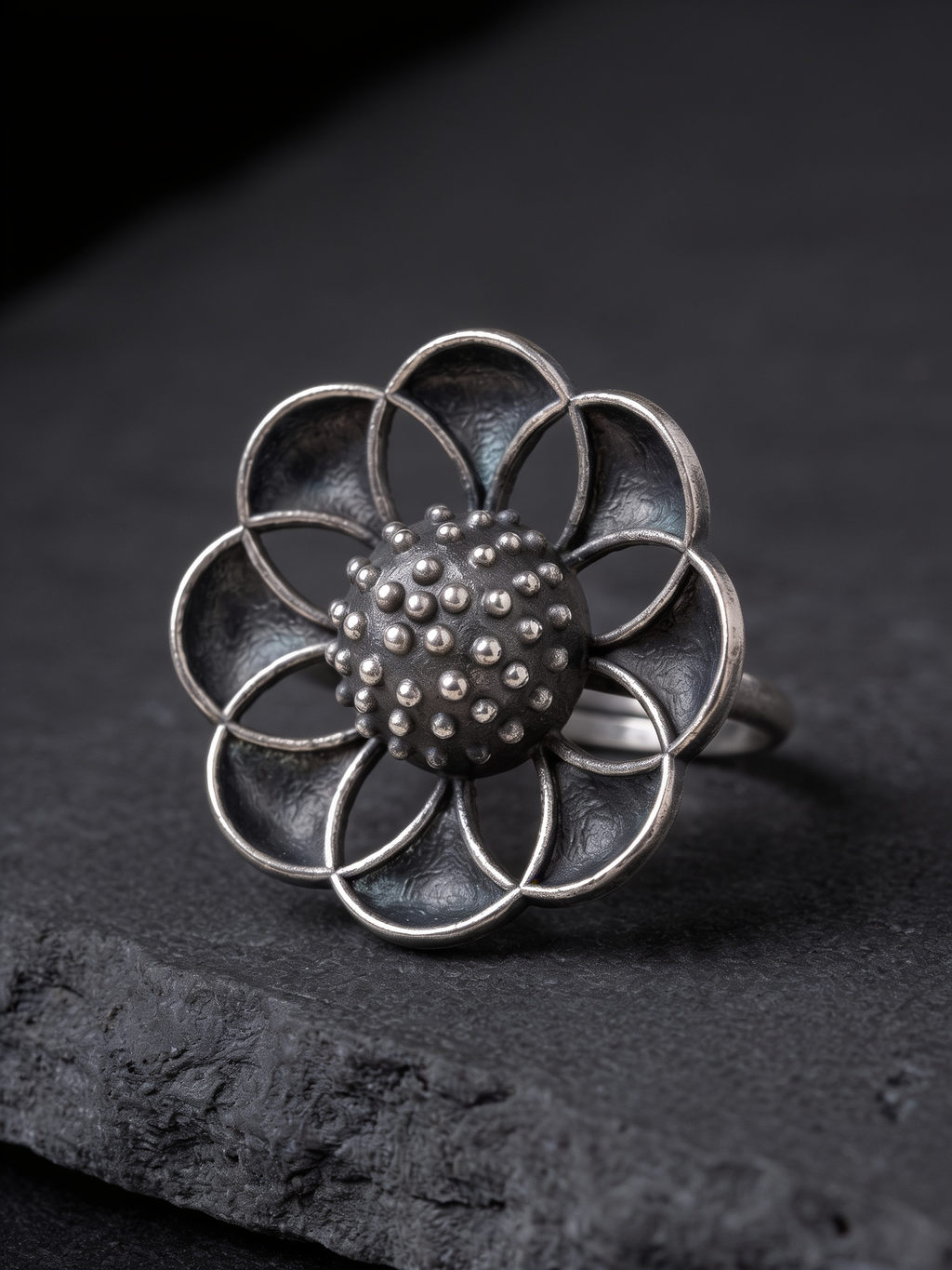 Vibha Layered Petal Oxidised Silver-Look Statement Ring