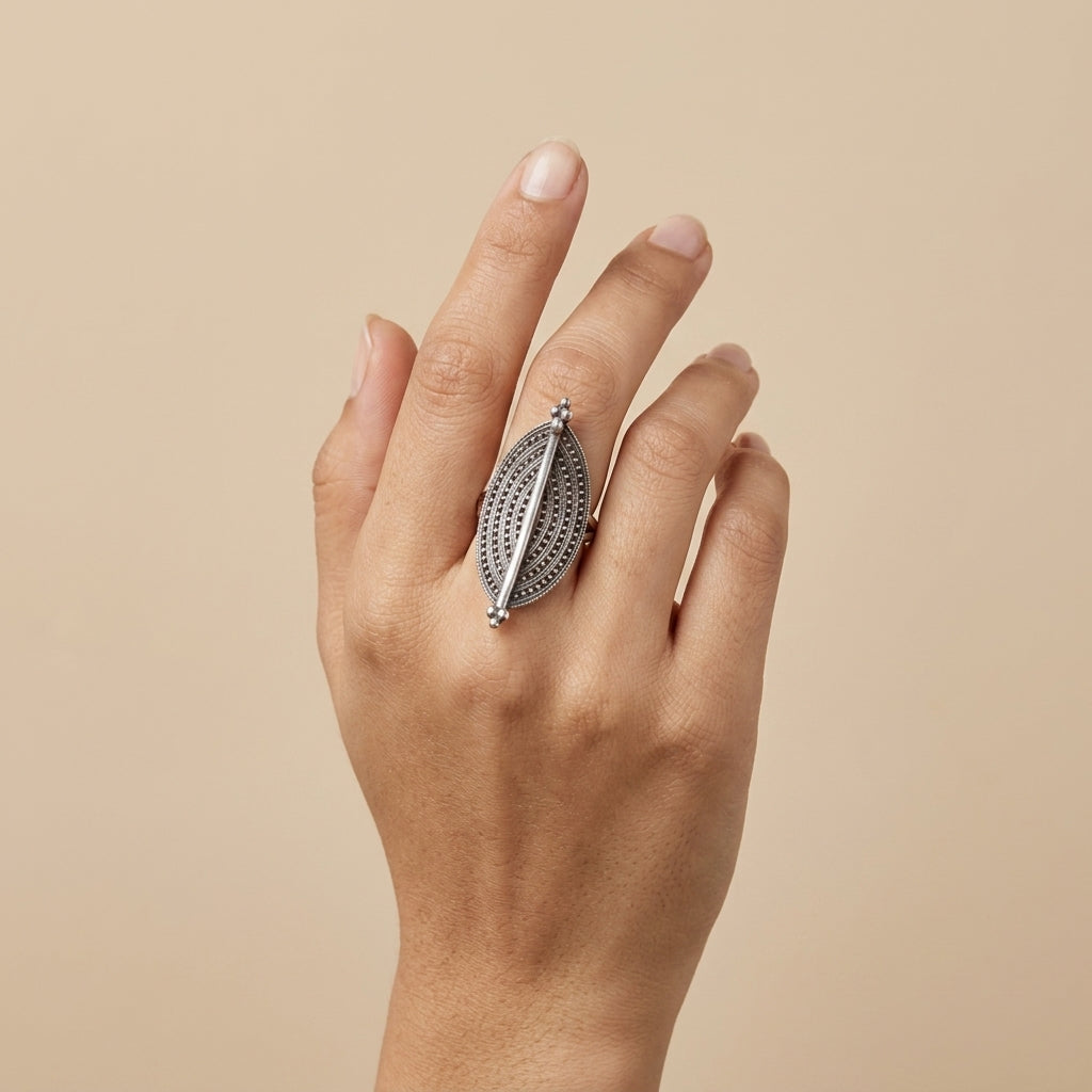 Virushka Beaded Marquise Oxidised Silver-Look Ring