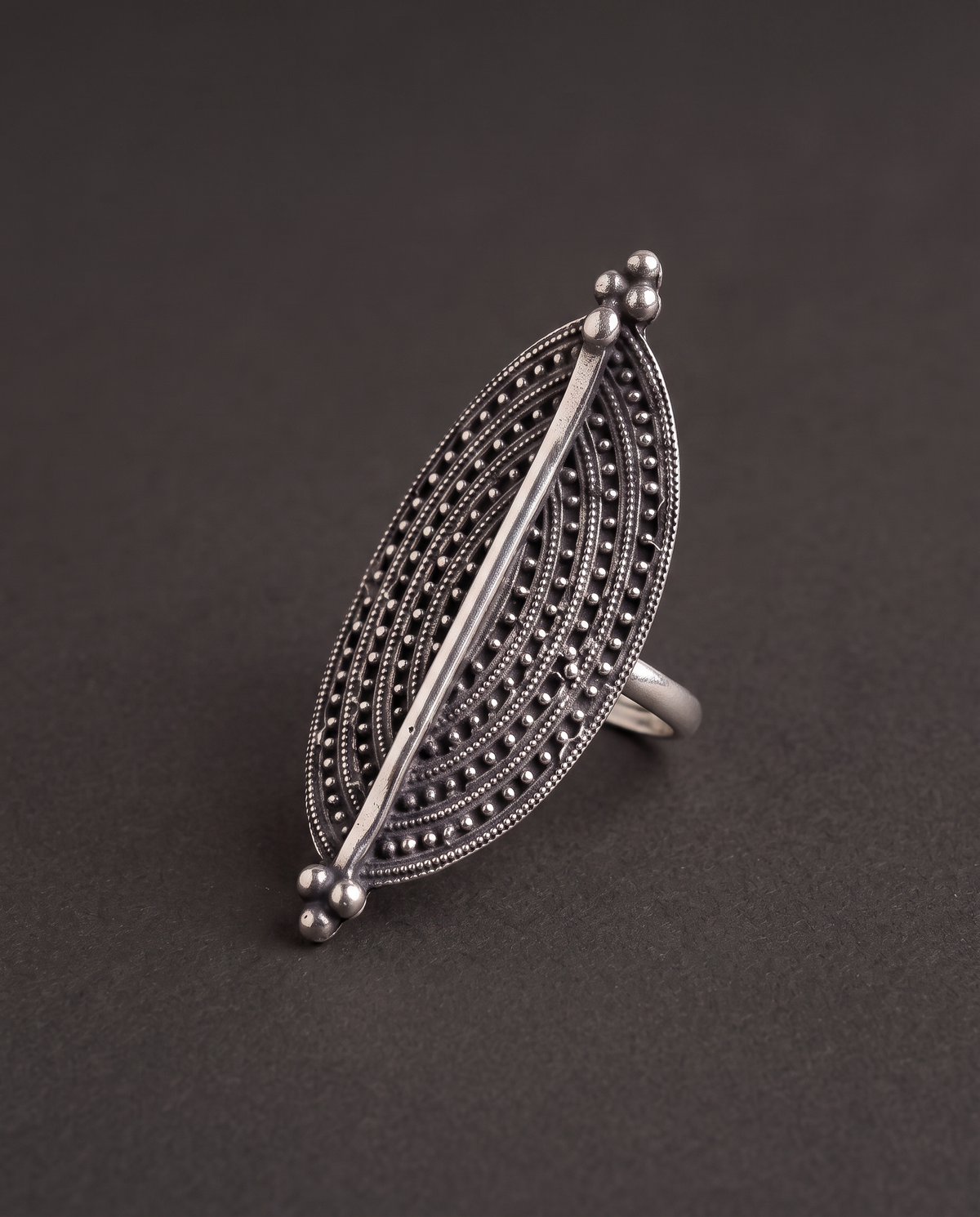 Virushka Beaded Marquise Oxidised Silver-Look Ring